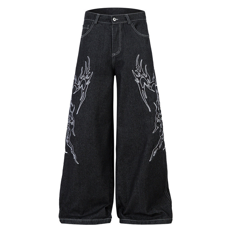 Embroidered Thorn Wide-Leg Denim Pants