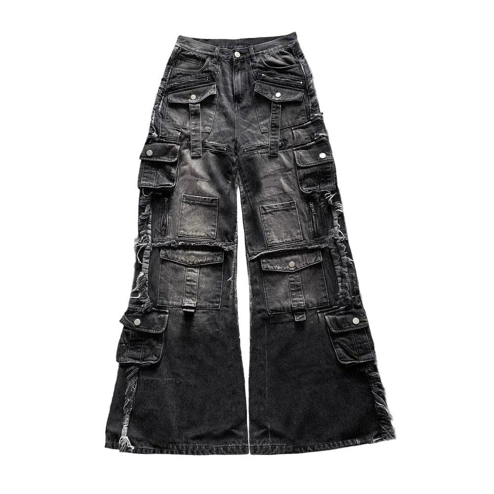 Multi-pocket Black Jeans Loose Drag