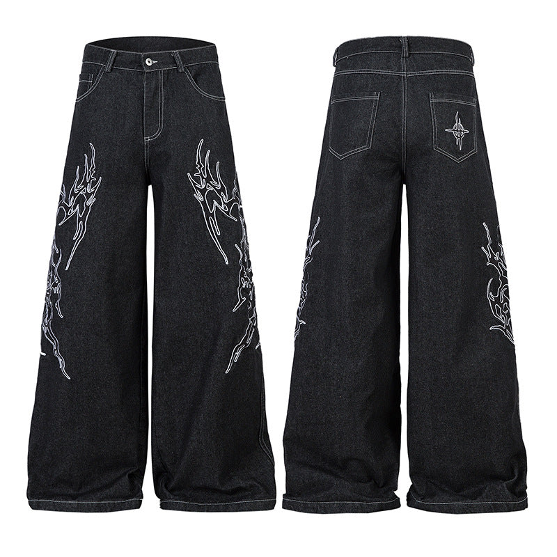 Embroidered Thorn Wide-Leg Denim Pants